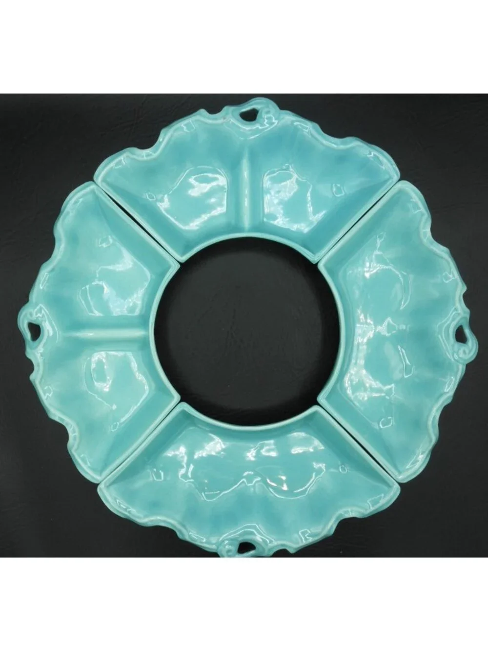 VTG Lazy Susan 4 Dish Serving Set AC DAVEY, INC. Turquoise USA Pottery MCM